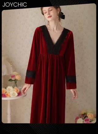 French Style Lace Collar Women Pajamas Autumn and Winter Long Nightgown Gold Velvet Fabric Thick Warm Loungewear Wine Red 