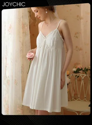 Palace Princess Sweet Style Women's Cotton Nightgown Comfty Suspender Loose Lace Sleepwear Mid Length for Spring Summer Autumn White 