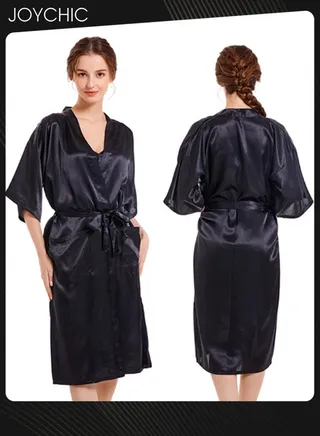 2-piece Spring and Autumn Solid Color Women V-neck Nightgown with Suspenders Ice Silk Smooth and Comfortable Mid-length Indoor Pajamas Black 