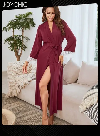 Autumn and Winter Casual Women's Long-sleeved Nightgown Lace Cuff Design Long Sleep Robe V-neck Comfortable Pajamas with Adjustable Belt Wine Red 