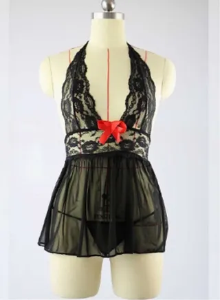 Homewear Women's  Hanging Neck Sleepwear Summer Nightwear Lace Dress Black 