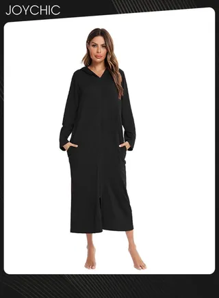 New Style Solid Pattern Spring Autumn and Winter Women Zipper Pajamas Home Comfortable Ladies Nightgown with Pockets and Hat Black 