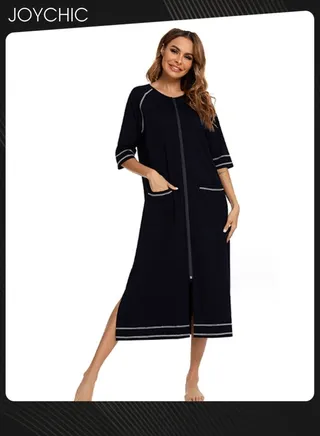 Spring and Summer Solid Color Women Casual Comfortable Home Wear Three-quarter sleeves Maternity Loose Indoor Pajamas Side Slit Deign Zipper Nightgown with Pockets Black 