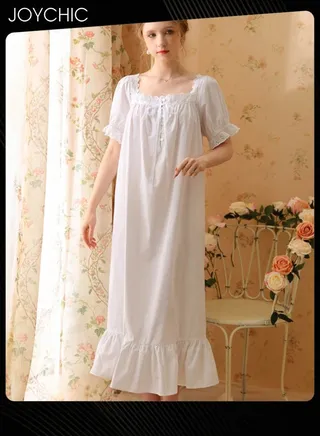 Retro French Sweet Princess Style Night Dress Short-sleeved Long Nightgown Spring Summer Autumn Cotton Breathable Sleepwear for Women White 