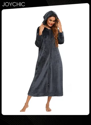 Long-sleeved Autumn and Winter Flannel Warm and Windproof Nightgown Cardigan Women Zipper Long Pajamas with Hat and Pockets Grey 