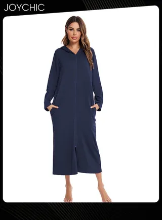 New Style Solid Pattern Zipper Cardigan Spring Autumn and Winter Women Pajamas Home Comfortable Ladies Nightgown with Pockets and Hat Navy Blue 
