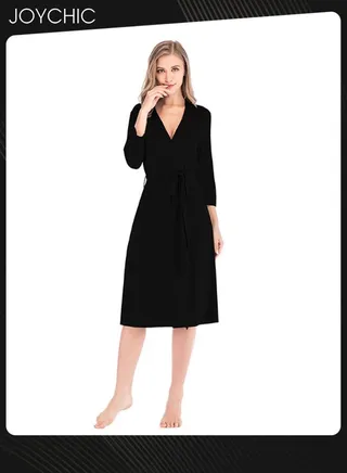 Classic Spring Summer Autumn Ladies Home Sleep Robes Women's Loose Three-quarter Sleeve V-neck Modal Breathable Long Nightgown with Adjustable Belt Black 