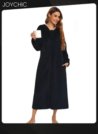 Long-sleeved Autumn and Winter Flannel Warm and Windproof Nightgown Cardigan Women Zipper Long Bedroom Pajamas with Hat and Pockets Black 