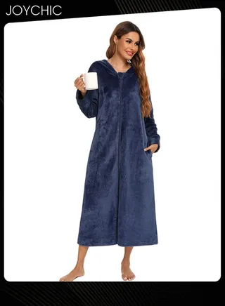 Long-sleeved Autumn and Winter Flannel Warm and Windproof Nightgown Cardigan Women Zipper Long Bedroom Pajamas with Hat and Pockets Navy Blue 
