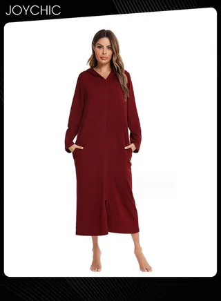 New Style Solid Pattern Zipper Cardigan Spring Autumn and Winter Women Pajamas Home Comfortable Ladies Nightgown with Pockets and Hat Wine Red 