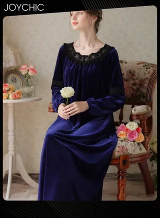 Long-sleeved Nightgown for Women Winter Palace Style Long Home Dress Gold Velvet Fabric Warm Pajamas Ladies Loose Loungewear Dark Blue 