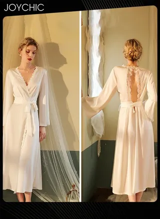 French Romantic Light Luxury Elegant Spring and Summer Women Soft Satin Nightgown Long-sleeved Backless Pajamas V-neck Sleep Robe with Belt Horn Cuff Design White 