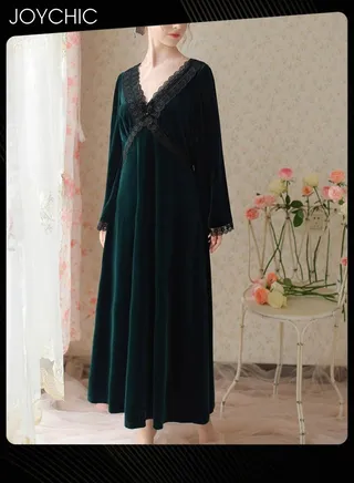 French Style Autumn and Winter Gold Velvet Fairy Sleepwear Thick Warm Pajamas Loose Bell Sleeves Nightgown for Women Green 