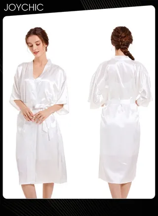 2-piece Spring and Autumn Solid Color Women V-neck Nightgown with Suspenders Ice Silk Smooth and Comfortable Mid-length Indoor Pajamas White 