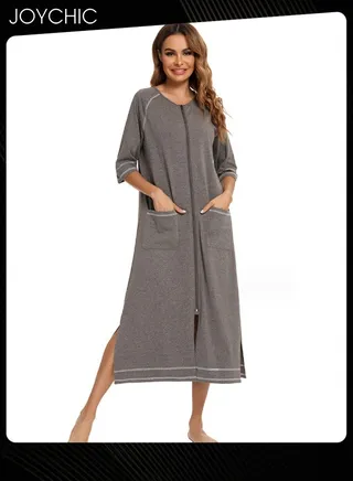Spring and Summer Solid Color Women Casual Comfortable Home Wear Three-quarter sleeves Maternity Loose Indoor Pajamas Side Slit Deign Zipper Nightgown with Pockets Grey 