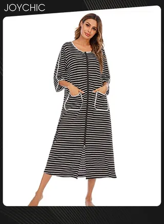 Spring and Summer Women Casual Home Wear Loose Comfortable Three-quarter-sleeved Long Pajamas Round Collar Striped Nightgown Black+White 