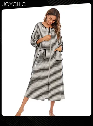 Autumn and Winter Women Casual Home Wear Loose Comfortable Three-quarter-sleeved Long Pajamas Round Collar Striped Nightgown 