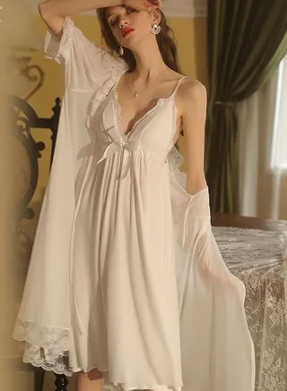 2-Piece Set White Women Sweet Nightdress Pajamas Ladies Satin Robe Loose Nightgown with Pad Female Home Wear 