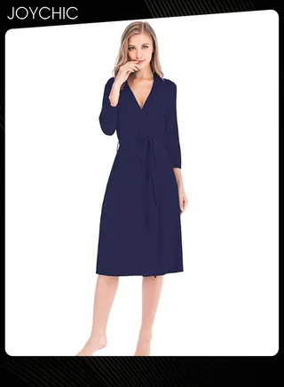 Classic Spring Summer Autumn Ladies Home Sleep Robes Women's Loose Three-quarter Sleeve V-neck Modal Breathable Long Nightgown Pajamas with Adjustable Belt Navy Blue 