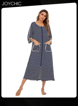 Autumn and Winter Women Casual Home Wear Loose Comfortable Three-quarter-sleeved Long Round Collar Striped Nightgown with Pockets Navy Blue+White 