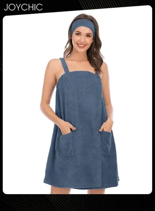 Women Solid Color Polyester Skin-friendly and Absorb- water Bathrobe Massage Stickers Suspenders Nightgown with Pockets for All Seasons Blue 