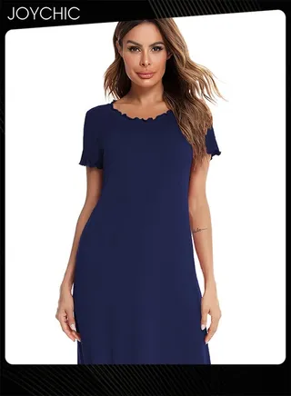 Solid Color Sleepwear for Women Spring and Summer Thin Curled Modal Skin-friendly Round-neck Short-sleeved Loose Nightgown Home Nightclothes Dark Blue 