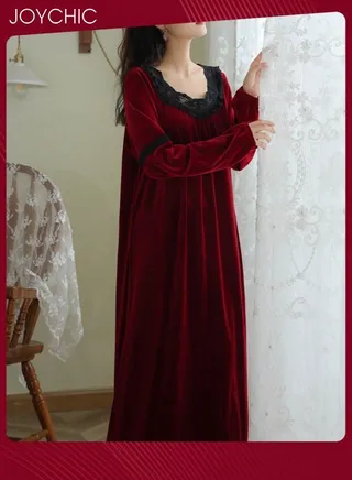 Long-sleeved Nightgown for Women Winter Palace Style Long Home Dress Gold Velvet Fabric Warm Pajamas Ladies Loose Loungewear Wine Red 
