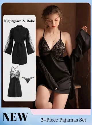 2-Piece Set of Women Pajamas with V-Neck Design Home Wear Same Color Outer Robe and Lace Element Nightgown 
