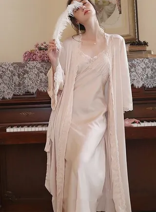 2-Piece Set Women Sweet Nightdress Ice Silk Sling Lace Pajamas Ladies Satin Long Sleeve Robe Loungewear Loose Nightgown with Pad Female Spring Autumn Solid Home Wear 