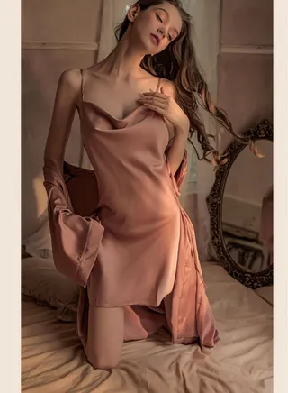 Lace style ice silk suspender nightgown 