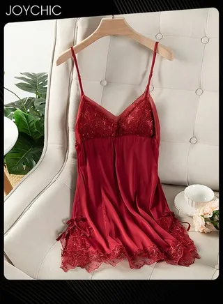 Solid Colour Sweet Pajamas for Women Spring and Autumn Ice Silk Breathable Suspenders Nightgown Backless Evening Dress with Adjustable Straps Wine Red 