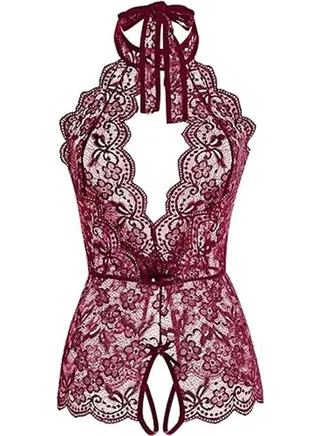 Women One Piece Lingerie Lace Baby Dolls Teddy Deep V neck Halter Bodysuit Chemise Sleepwear Nightwear Nightdress Nightgown 