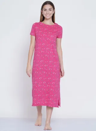 Casual Printed Night Gown Dark Pink 