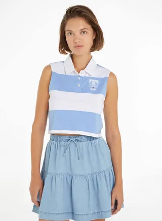 Women's Stripe Sleeveless Cropped Letterman Polo -  Pure cotton jersey, Multicolor 