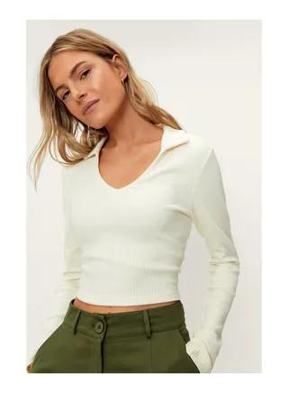 Waffle Long Sleeve Polo Top 