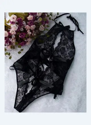 Halter Lace Bow-Knot Women See-Through Sleepwear Underwear Bodysuit Black 