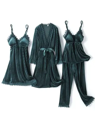 Women's Striped Gold Velvet Pajamas Four-Piece Set 