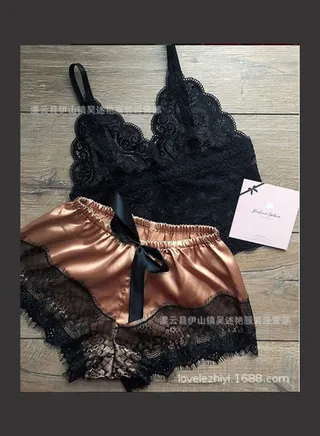 Lace Bra With Bowknot Shorts Brown/Black 