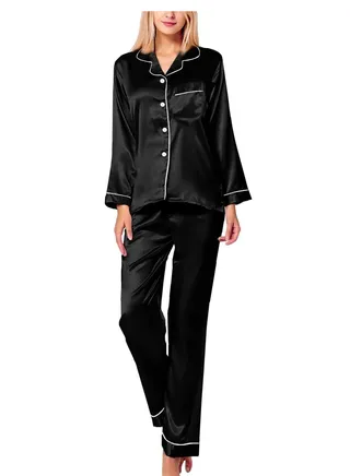 Women's Classic Button Down Long Satin Silk Pajama Set 