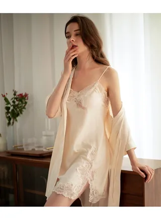 Women's Pajamas, 2 Lace Satin Pajamas Robes Light Luxury Slip Dress Lingerie Nightdress V-Neck Full Straps 