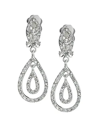 Rhinestone Two Layer Teardrop Pear Shaped Clip On Earrings 