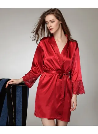 One-piece nightgown imitated silk pajamas spring and summer long-sleeved bathrobe pajamas home clothes 