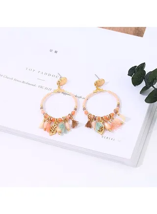 Colourful Beads Tasseled Hoop Dangle Earrings 