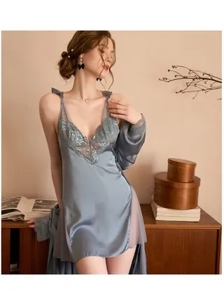 2 Pieces Fashion Pajamas Ice Silk Satin Removable Chest Pad Suspender Dress Sleepwear Skirt and Robe Set 