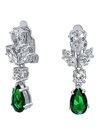 Rhodium Plate Brass Green Teardrop Leaf CZ Clip On Pear Shape Chandelier Earrings 