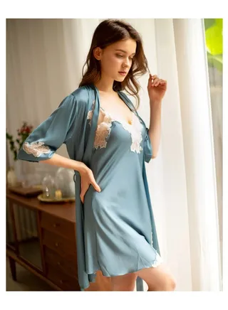 Women's Pajamas, 2 Lace Satin Pajamas Robes Light Luxury Slip Dress Lingerie Nightdress V-Neck Full Straps 