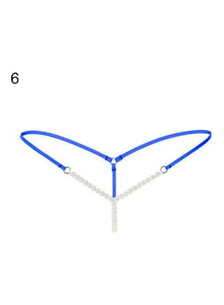 Women Faux Pearl Massage  Underwear Briefs Thongs G-String Knickers Royal Blue 