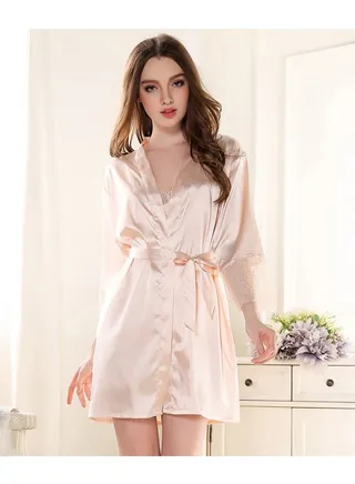 One-piece nightgown imitated silk pajamas spring and summer long-sleeved bathrobe pajamas home clothes 
