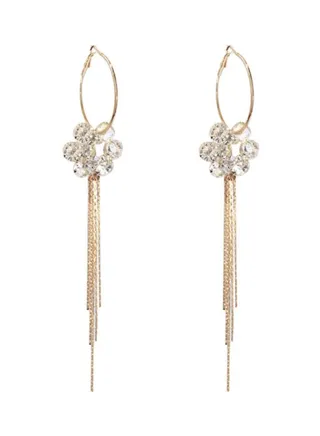Rhinestone Studded Floral Tassel Clip-On Earrings 