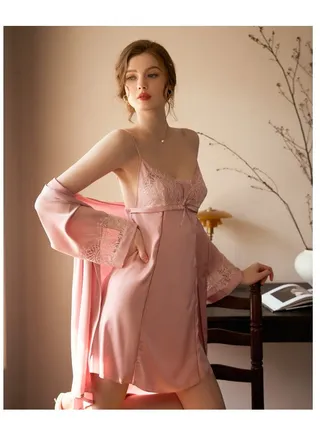 Long-sleeved silk night skirt and two-piece set with tube top 
